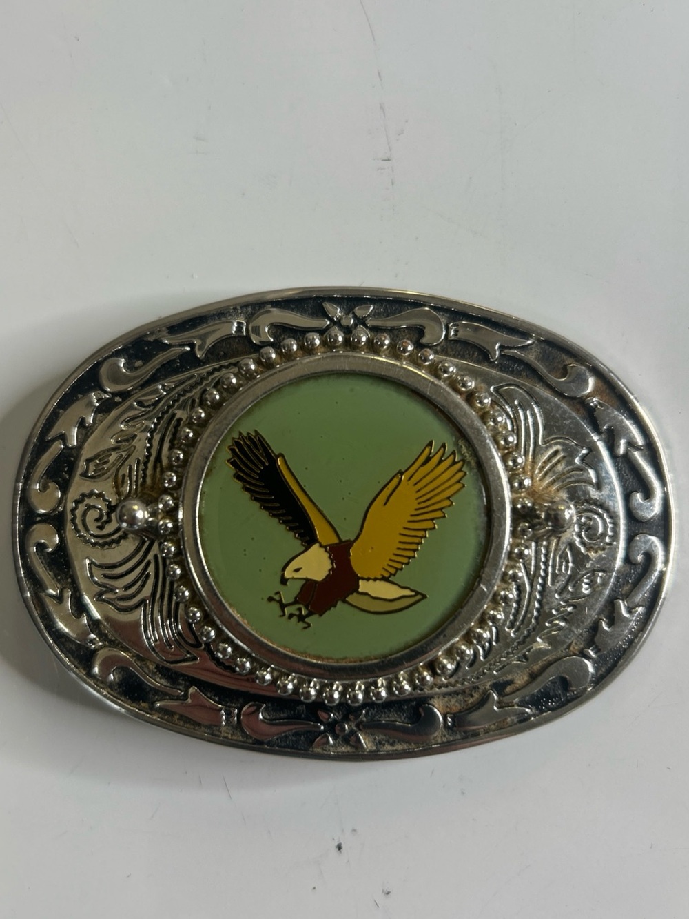 Vintage Silver Eagle Belt Buckle Black Green Oval Made in USA Enamel 3.5” X 2.5”